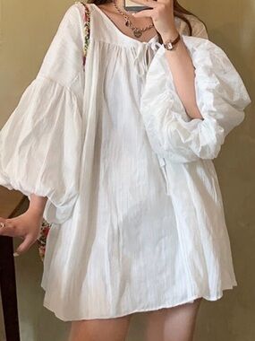 VONDA White Balloon Sleeve Tie
Front V-Neck Short A-Line Babydoll
Dress Women M